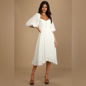 Lulu’s My Darling Love White Three-Quarter Sleeve Handkerchief Dress